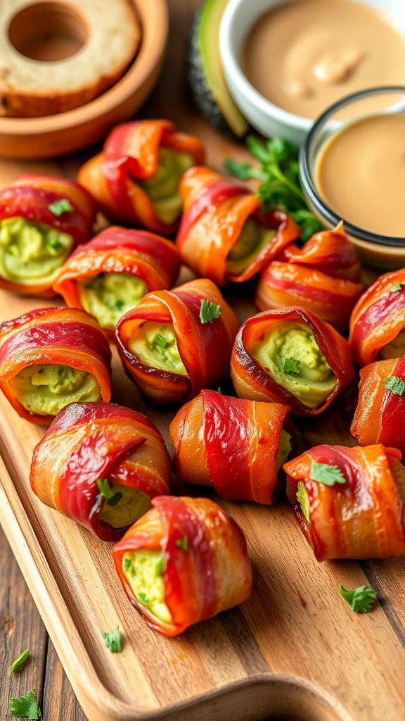 Bacon-wrapped avocado bites on a wooden board, garnished with herbs and a small bowl of dipping sauce.